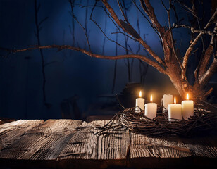 Candles in a wicker nest near a dry tree branches on a wooden table in the dark forest. Halloween nature concept