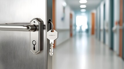 Aufkleber - High security lock system installed on the entrance to a radiology room with a labeled key attached to control authorized access to the sensitive medical facility