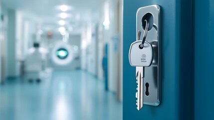 Aufkleber - High security lock on the entrance to a radiology room with a labeled key attached indicating restricted access and confidentiality of the medical facility