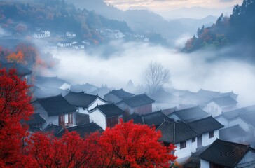 Chinese style autumn scene with red maple leaves and white house