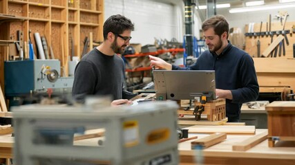 Poster - In a well-equipped workshop, two carpenters share ideas and collaborate on a project using a laptop, surrounded by wood and tools, creating a lively atmosphere of creativity.