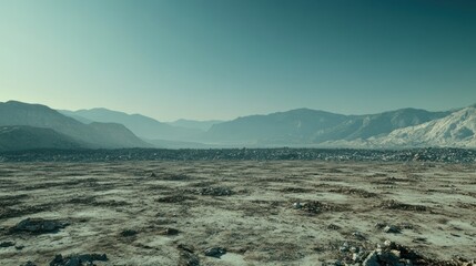 Poster - A vast, barren landscape with mountains in the distance under a clear sky.