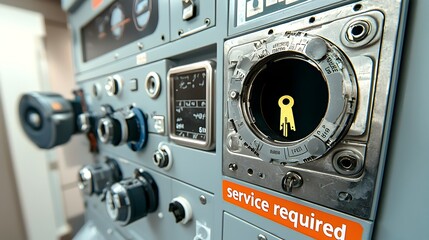 Poster - Malfunctioning radiology equipment control panel with a missing key component and a  service required  warning tag