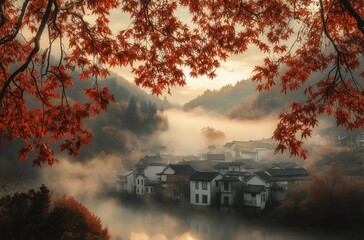 Chinese style autumn scene with red maple leaves and white house