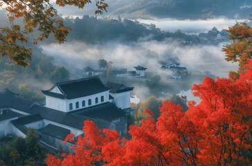 Chinese style autumn scene with red maple leaves and white house