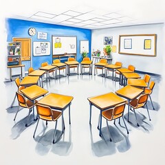 Poster - Watercolor Illustration of a Classroom with Desks and Chairs in a Circle.