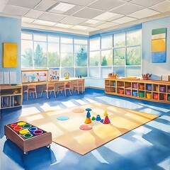 Poster - Colorful Watercolor Painting of a Playroom Interior.