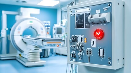 Leinwandbilder - Secure power panel with red emergency indicator light in an X ray room or medical facility  The control interface manages critical equipment and systems to ensure safety and proper