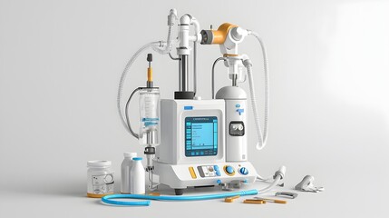 Poster - Suction machine connected to tubing with emergency tools like a first aid kit or other medical supplies nearby for use in a hospital clinic or other healthcare facility