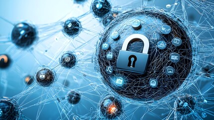 Poster - Tangled web of fake digital messages phone icons and locked security symbols representing the concept of online disinformation data breaches and the need for digital privacy protection
