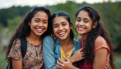 Three friends enjoying a sunny day outdoors while smiling and sharing a joyful moment in a natural setting