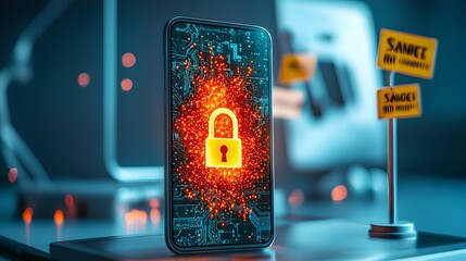 Leinwandbilder - The image depicts a smartphone screen with a glowing lock icon which is being bypassed or compromised by various warning signs and symbols