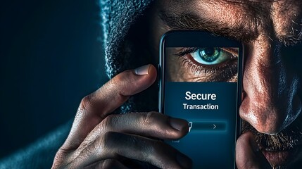 Poster - The image depicts the reflection of a criminal s face on a phone screen displaying a Secure Transaction message