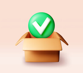 Poster - 3d opened delivery box with checkmark. Render yes icon in open cardboard box. Approved or accepted delivery package, successful order received, shipped or confirmed service. Vector illustration