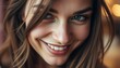 © Pavel Lysenko - A young woman with long hair smiles warmly while posing in a cozy, softly lit environment during an afternoon gathering