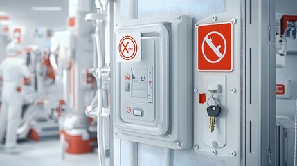Poster - Wall Mounted X Ray Access Control Device with Safety Signage and Key Slot for Secure Facility Entrance and Authentication