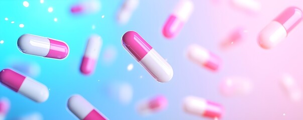 Poster - Levitating Capsules in Pastel Gradient - Ethereal Blue and Pink Futuristic Design for Health and Wellness Concepts