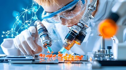 Poster - Close up detailed view of high tech testing devices and instruments being used to analyze and evaluate small scientific samples in a professional laboratory research setting