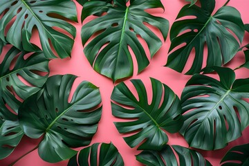 Wall Mural - A bunch of green leaves sitting on top of a pink surface