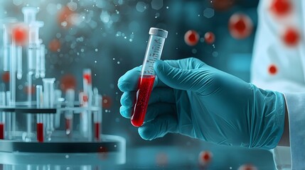 Poster - Close up view of medical gloves holding a sample collection tube against a blurred hospital or laboratory background representing healthcare medical research or scientific analysis