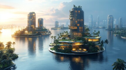 Poster - This waterfront city showcases innovative architecture with eco-friendly designs, surrounded by water and dotted with palm trees as the sun sets, creating a serene atmosphere.