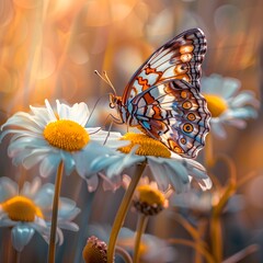 Poster - Colorful Butterfly on White Daisy Flowers