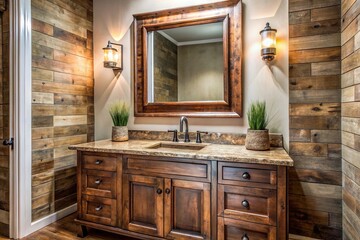 Rustic brown white bathroom distressed wooden vanity vintage copper mirror