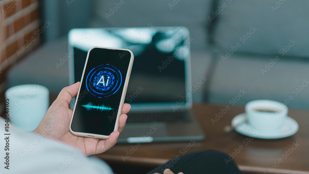 hand holding smart phone voice command with digital Artificial ...