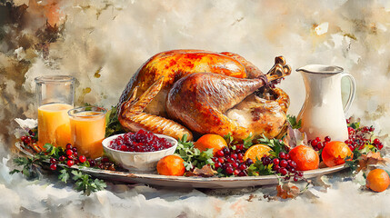 Decorated table roasted turkey or chiken in sauce with rosemary, cozy fireplace in the background. Holiday celebration dinner Christmas or Thanksgiving.