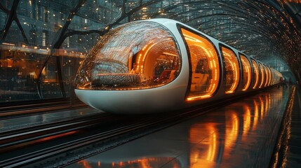 Poster - A sleek, futuristic train waits at a contemporary station, featuring illuminated interiors that glow warmly against the darkening sky. The setting captures a blend of technology and architecture.