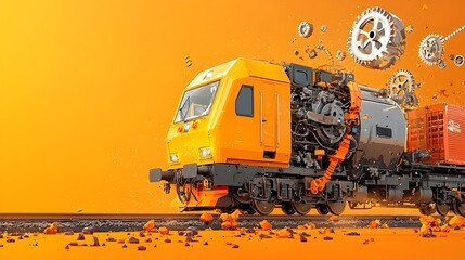 Poster - Cut Through Cross Section of a Freight Train with Container Wagons Locomotive Engines and Coupling Mechanisms Utilized for Commercial Cargo Transportation and Logistics