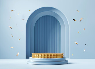 Poster - 3D rendering blue platform podium for product presentation background with confetti
