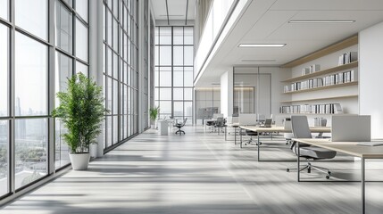 Poster - Modern office interior with large windows and minimalist furniture.