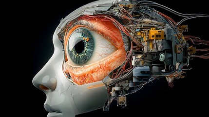 Poster - Detailed 3D cross section of the human eye showcasing the intricate structures and pathways within including the optic nerve  An educational and informative visual aid for medical scientific