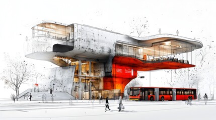 Poster - Detailed 3D cross section of the interior layout of a contemporary bus station showcasing the ticket counters passenger waiting areas and organized bus bays for efficient public transportation
