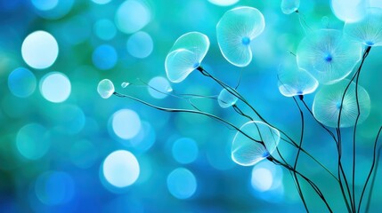 Wall Mural - Delicate jellyfish silhouettes against a vibrant blue bokeh background.