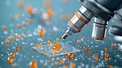 Poster - Detailed close up view of liquid droplet analysis being conducted on a glass slide under the powerful magnification of a scientific laboratory microscope