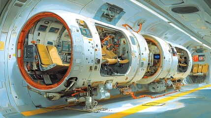 Poster - Detailed cross section diagram showcasing the interior layout and features of a subway car including the seating arrangements ventilation systems and control panels for public transit