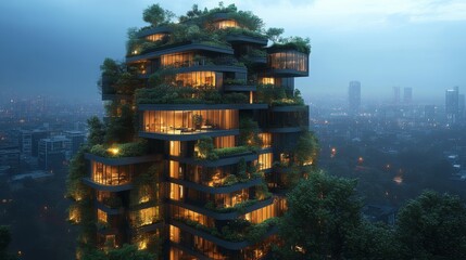 Poster - A stunning building with layered green terraces stands tall against a city skyline, illuminated warmly as dusk settles in, showcasing innovative design and urban greenery.