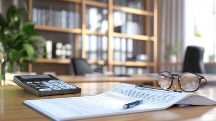 Wall Mural - A desk with documents, a calculator, and glasses in a modern office setting.