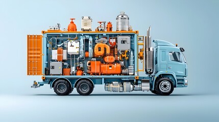 Fototapete - Detailed cross section of a cargo shipping container truck revealing the internal components such as the cargo units and fuel tanks