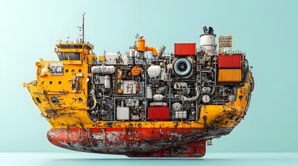 Fototapete - Detailed Cross Section of a Cargo Ship Revealing the Interior Structures Including Containers Engine Rooms and Ballast Tanks for Logistics and Transportation Industry