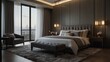 © ikk.gtg - A modern bedroom with a plush bed, a grey tufted headboard, a large window with city views, and a grey armchair in the corner.