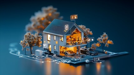 Aufkleber - Detailed cross section showcasing the integrated components and interconnected devices that comprise a modern smart home system including IoT sensors control hubs Wi Fi routers