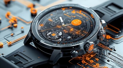 Poster - Detailed cross section showcasing the internal components and technology behind a high tech smartwatch including modules battery cells