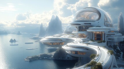 Aufkleber - Sleek, modern structures sit along a tranquil coastline, surrounded by rocky formations and calm waters, showcasing innovative design against a dramatic sky.