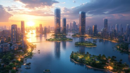 Poster - A breathtaking view captures the modern city skyline at sunset, surrounded by tranquil waters and green islands, blending urban life with nature's beauty.