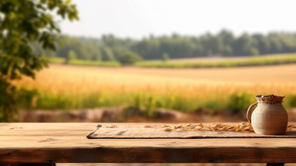 Wall Mural - mock-up with empty wood table top on blurred wheat landscape background empty wooden table top for p