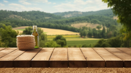 Wall Mural - mock-up with empty wood table top on blurred wheat landscape background empty wooden table top for p