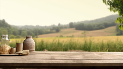Wall Mural - mock-up with empty wood table top on blurred wheat landscape background empty wooden table top for p